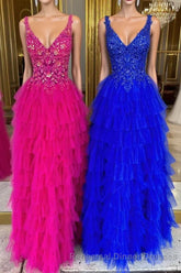 V-Neck Magenta Lace Appliques Layered Tulle Semi Formal Prom Dress